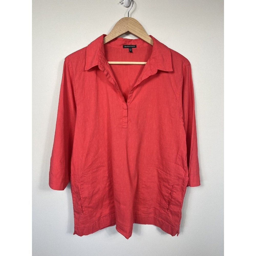 Eileen Fisher Shirt Womens Medium Pink Pullover Linen Blend 3/4 Sleeve Pockets